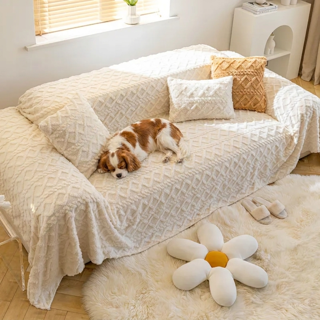 Cavalier napping on the beige Hearth fleece sofa cover