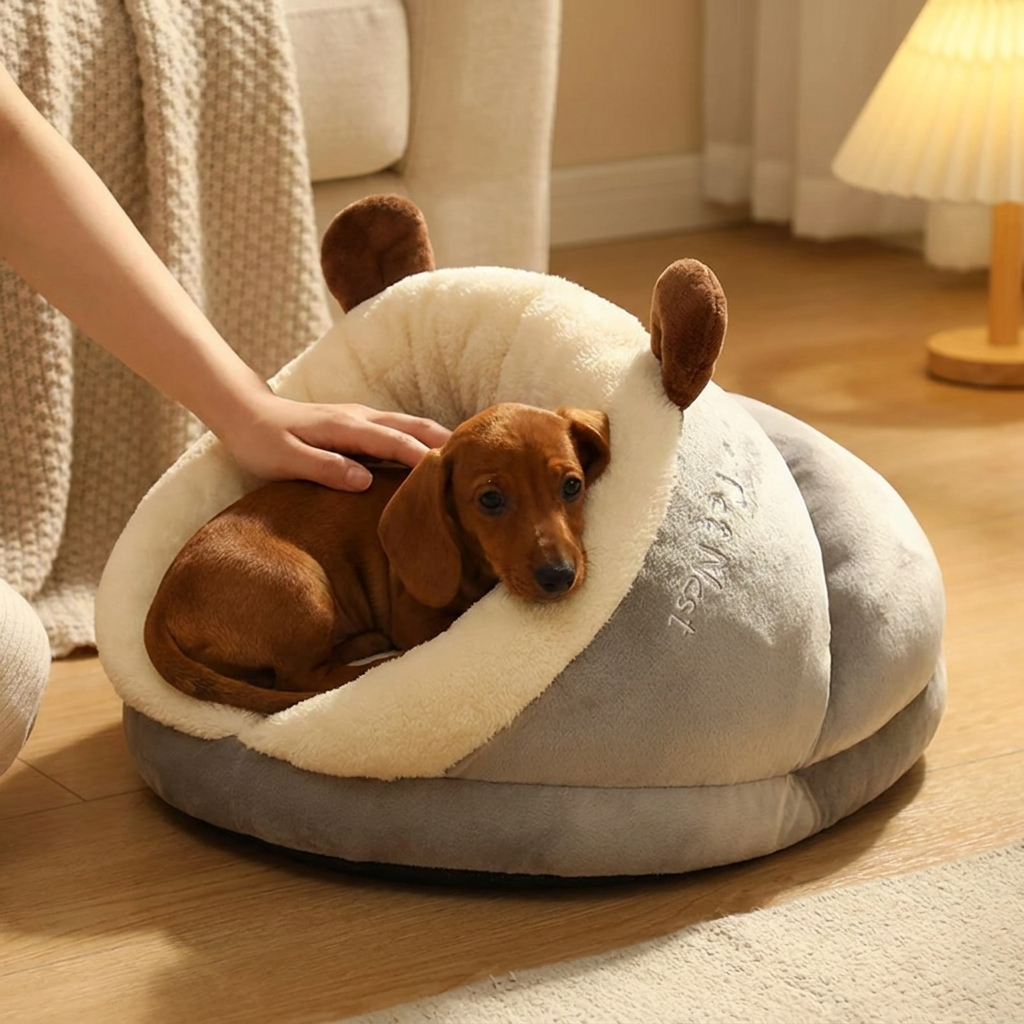 Dachshund snuggled in the gray Loafer slipper dog bed