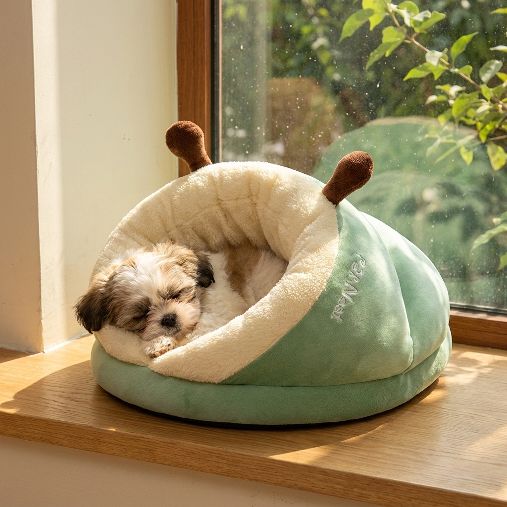 Shih Tzu resting in the green Loafer slipper dog bed