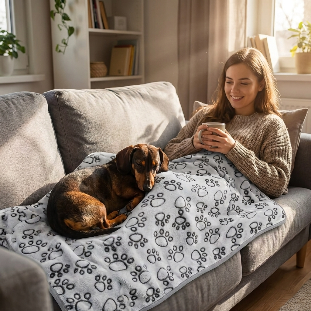 Woman and her Dachshund with the Cuddle paw-print dog blanket