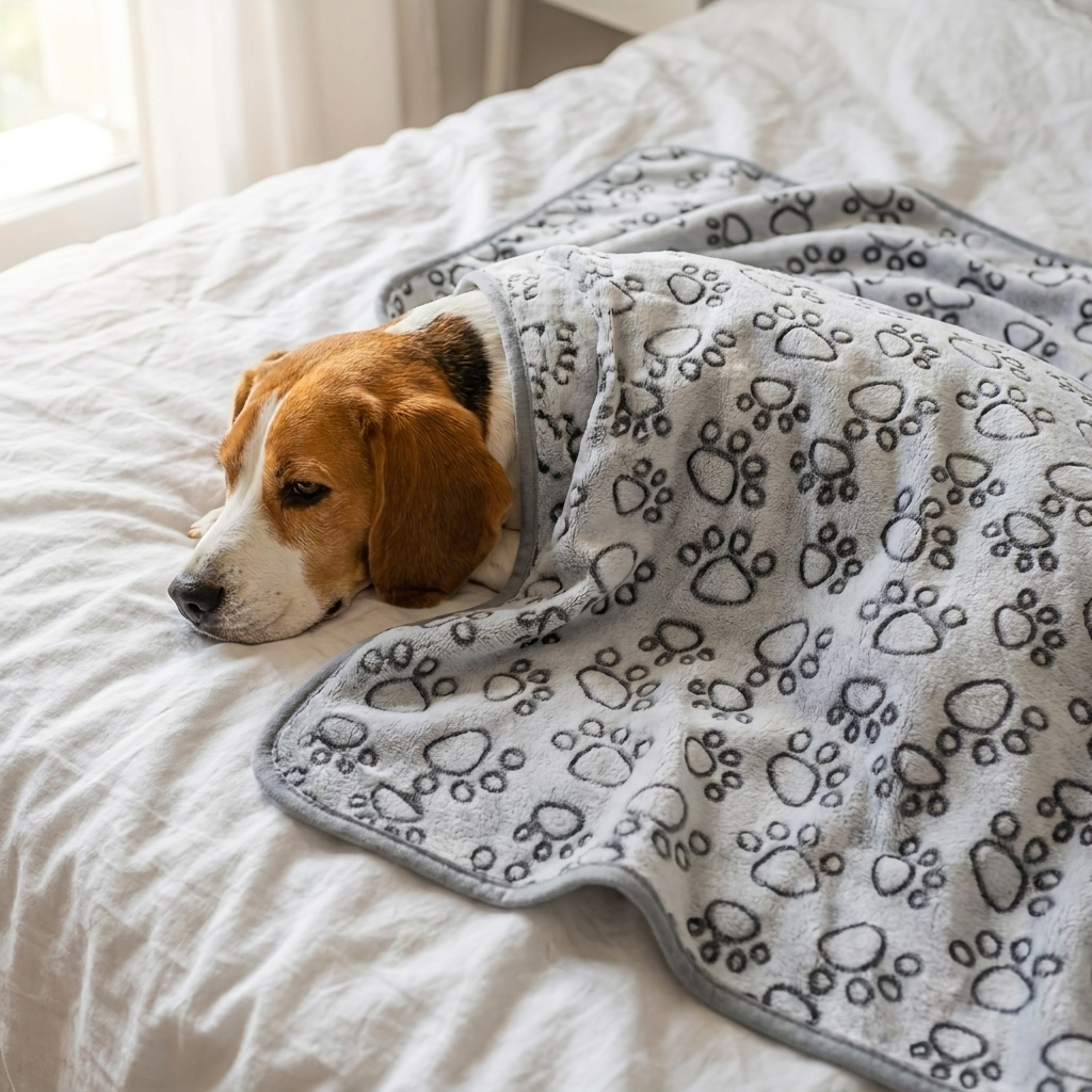 Beagle snuggled in the Cuddle paw-print dog blanket