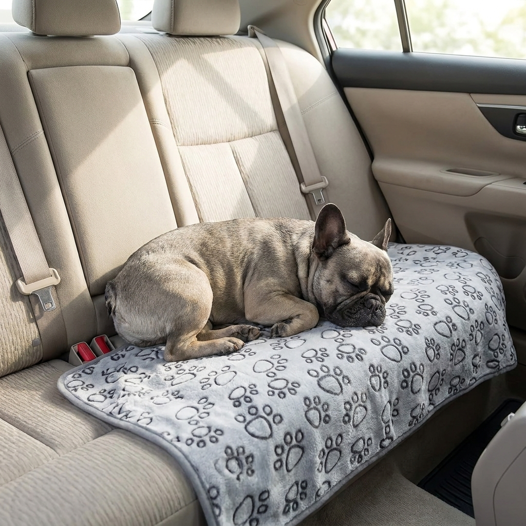 French Bulldog on the Cuddle paw-print dog blanket in a car