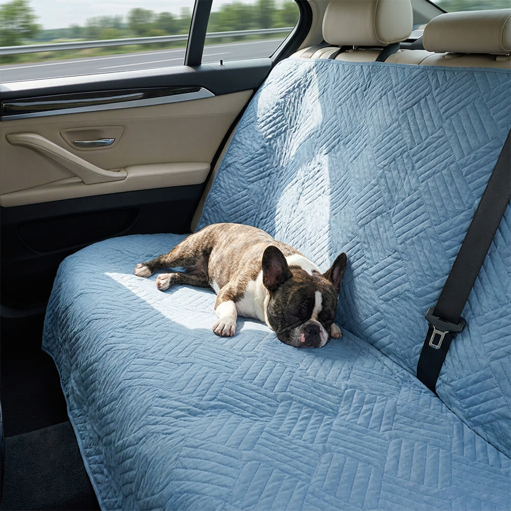 French Bulldog on the blue Shield waterproof dog blanket in a car