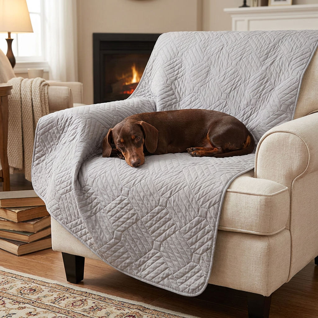 Dachshund on the light grey Shield waterproof dog blanket