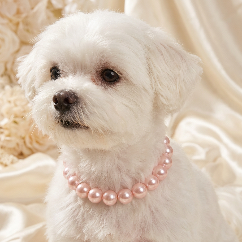 Maltese wearing the Coco pink pearl dog necklace