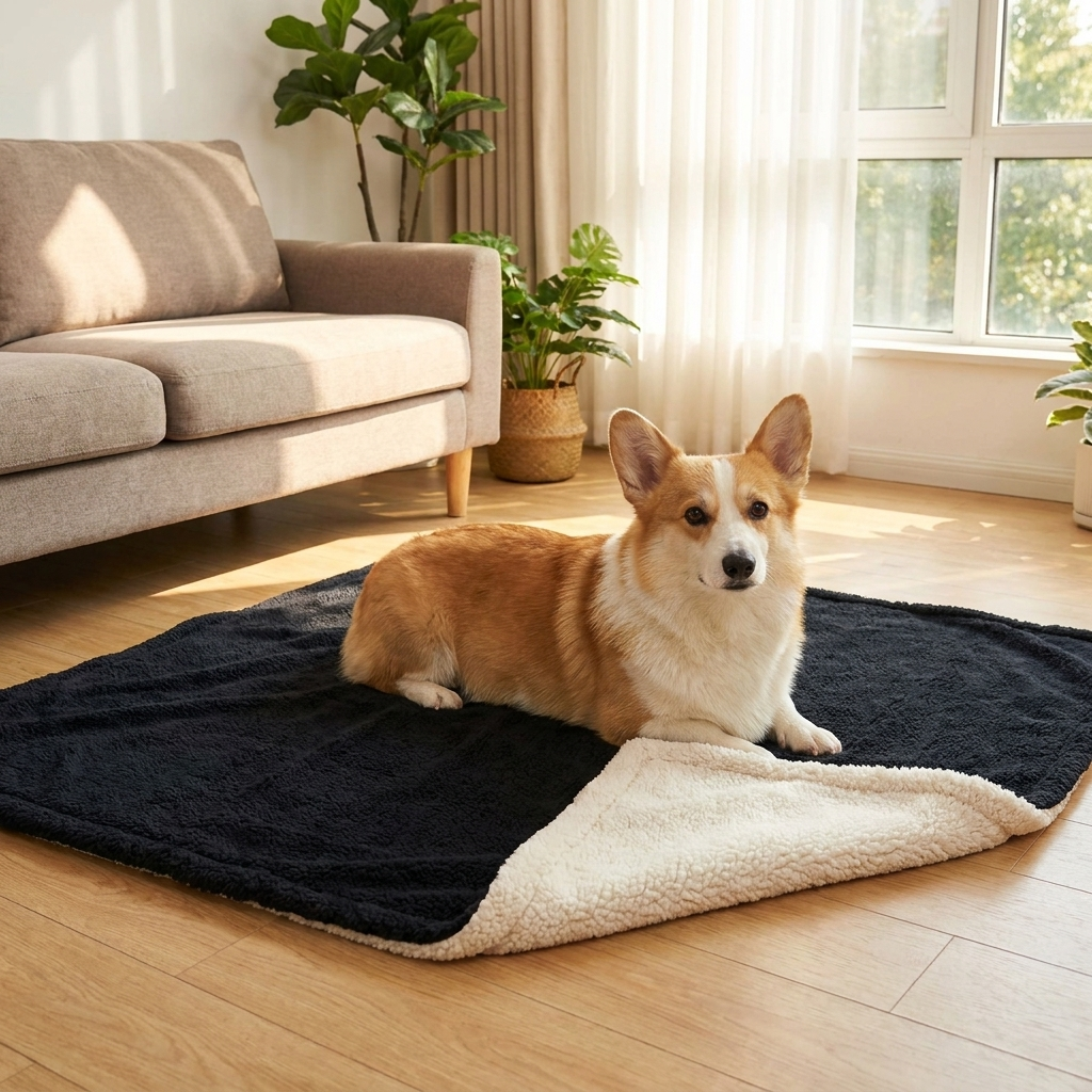 Corgi on the black Cabin sherpa dog blanket