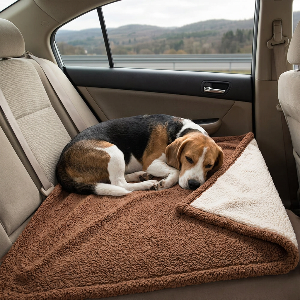 Beagle on the coffee Cabin sherpa dog blanket in a car