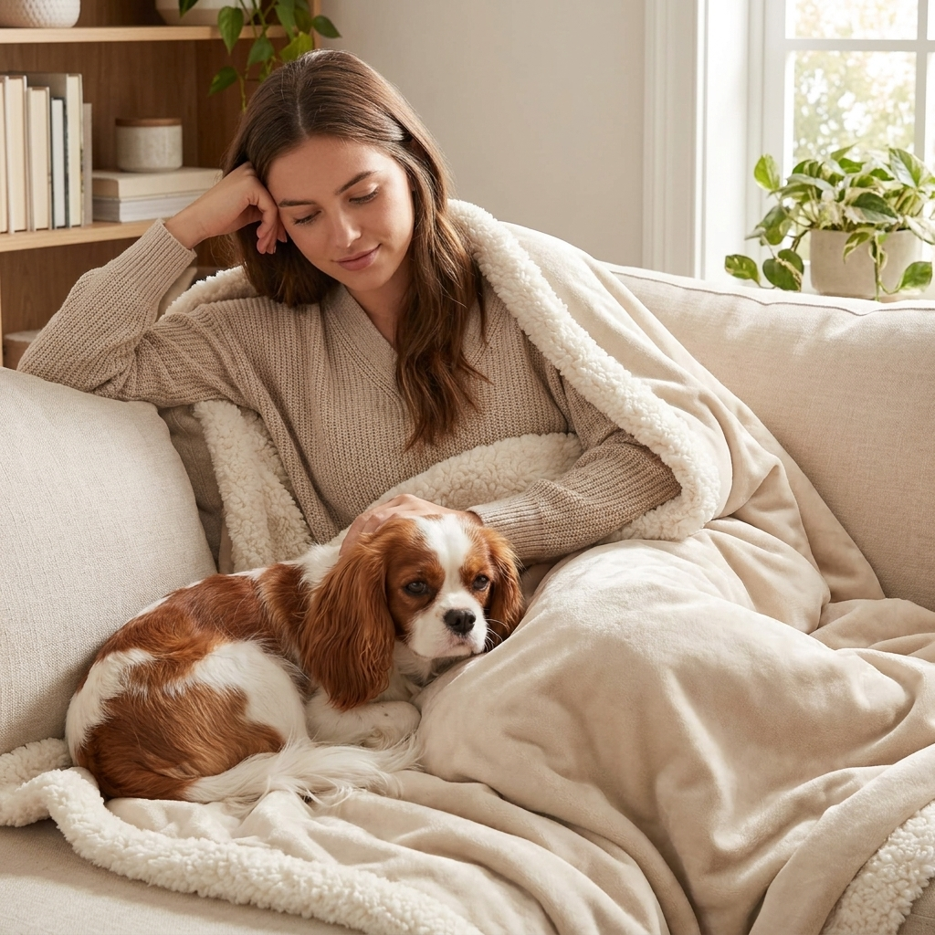 Woman and Cavalier on the beige Cabin sherpa dog blanket