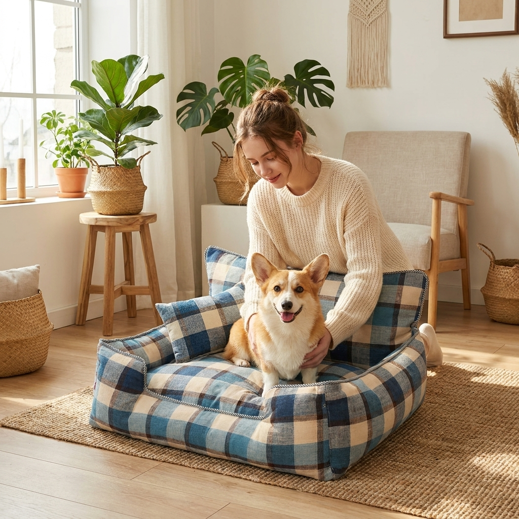 Baxter Plaid Dog Sofa Bed – blue plaid bed with Corgi and owner in bright living room