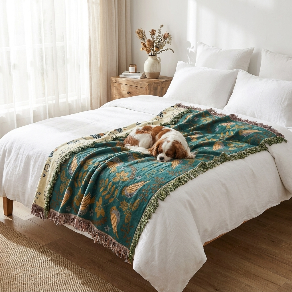 Wren Scandinavian Bird Throw – throw across the foot of a bed with a small spaniel curled on it