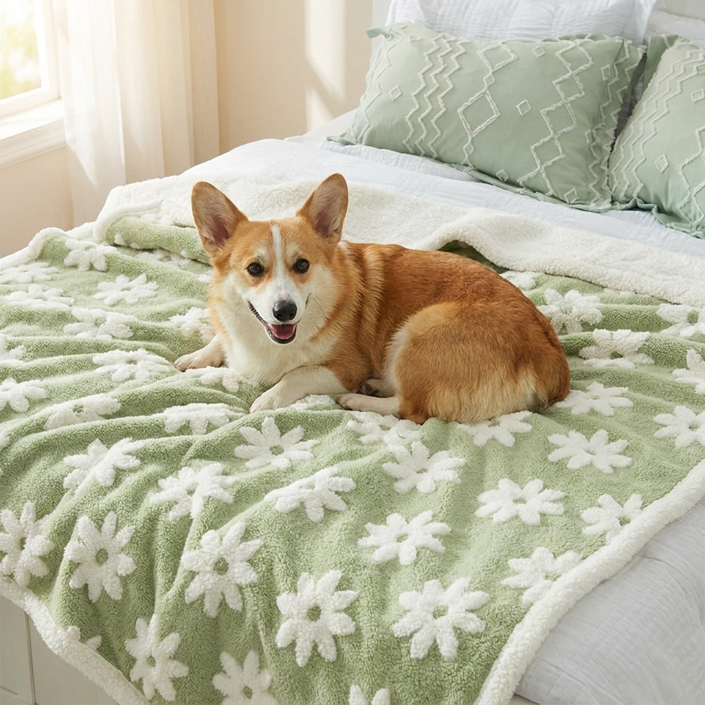 Nimbus Waterproof Sherpa Dog Blanket – green flowers print on a bed with a Corgi