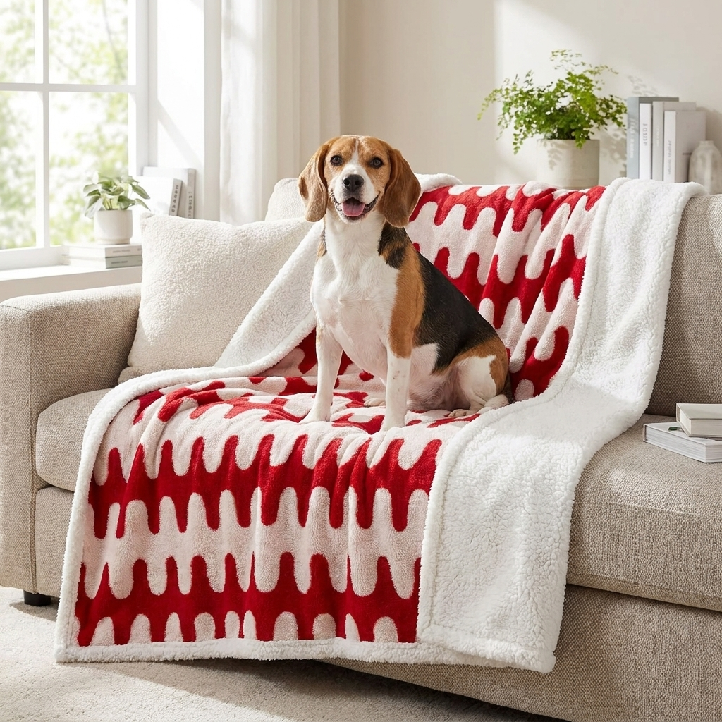 Nimbus Waterproof Sherpa Dog Blanket – red wave print on a sofa with a Beagle