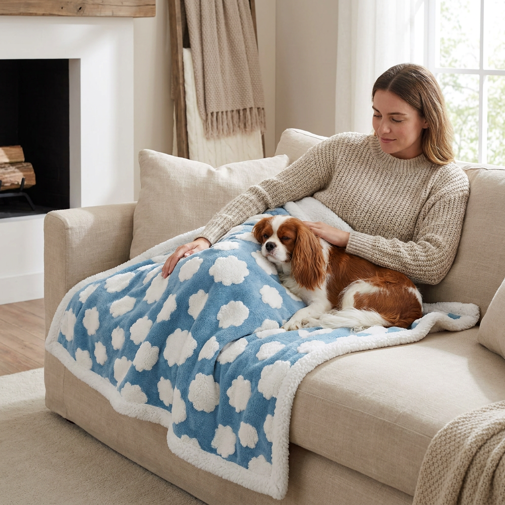 Nimbus Waterproof Sherpa Dog Blanket – blue clouds print with a woman and her Cavalier