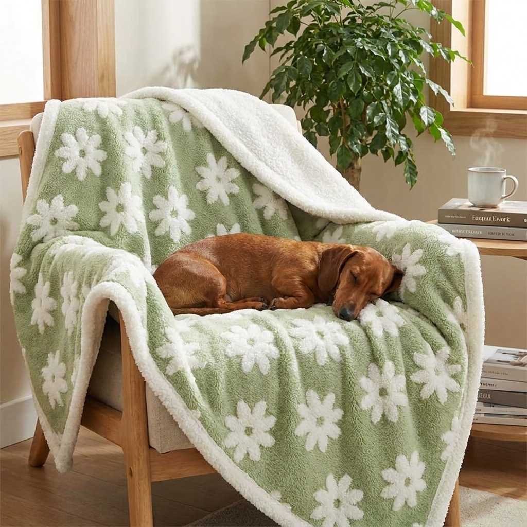 Nimbus Waterproof Sherpa Dog Blanket – green flowers print on an armchair with a Dachshund