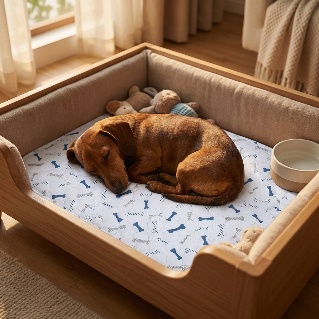 Doodle Waterproof Dog Blanket – Bones print with a Dachshund in a crate