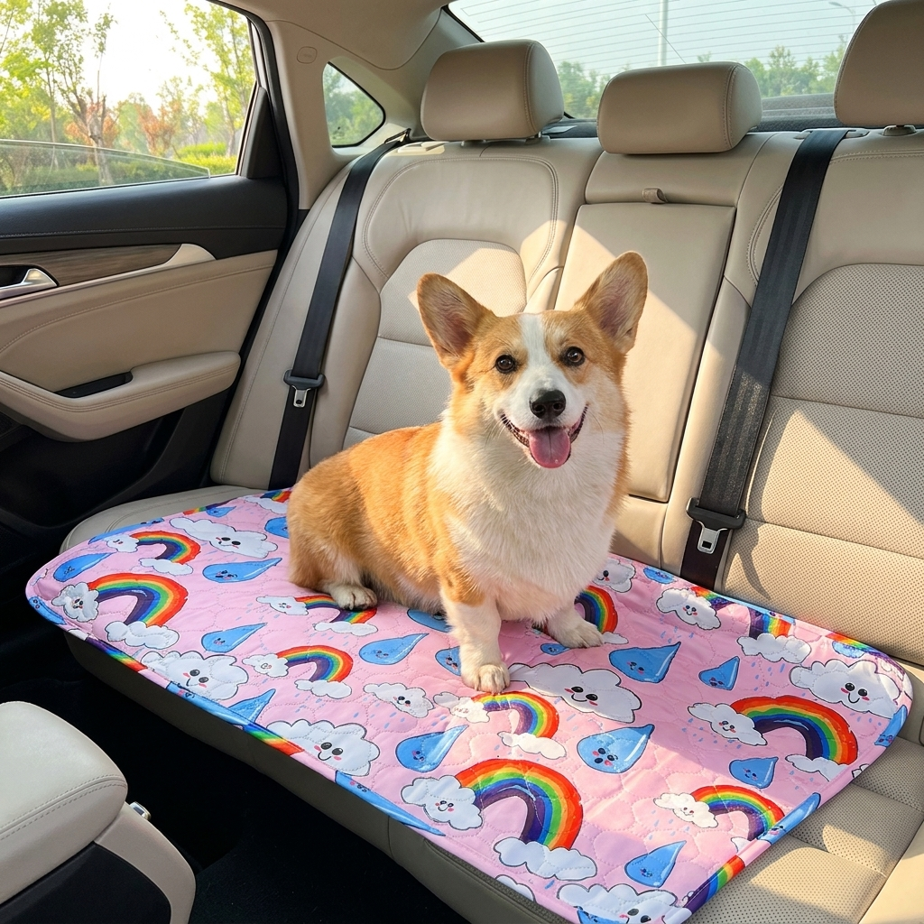 Doodle Waterproof Dog Blanket – Rainbow print on a car seat with a Corgi