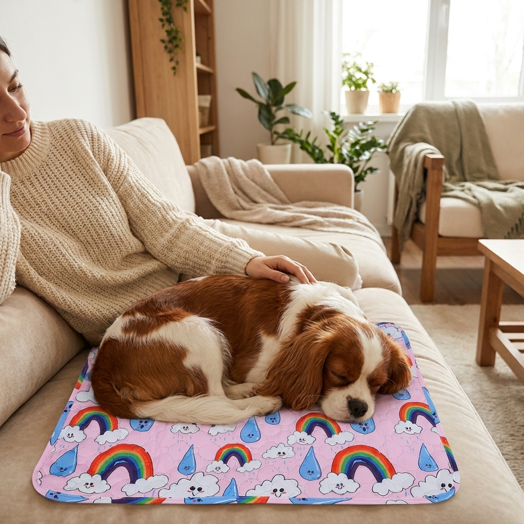 Doodle Waterproof Dog Blanket – Rainbow print with a woman and her Cavalier