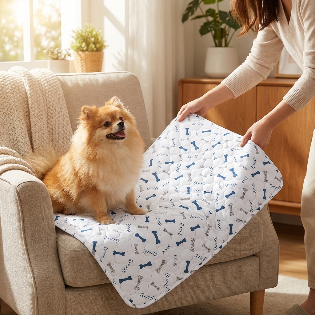 Doodle Waterproof Dog Blanket – Bones print with a woman and her Pomeranian