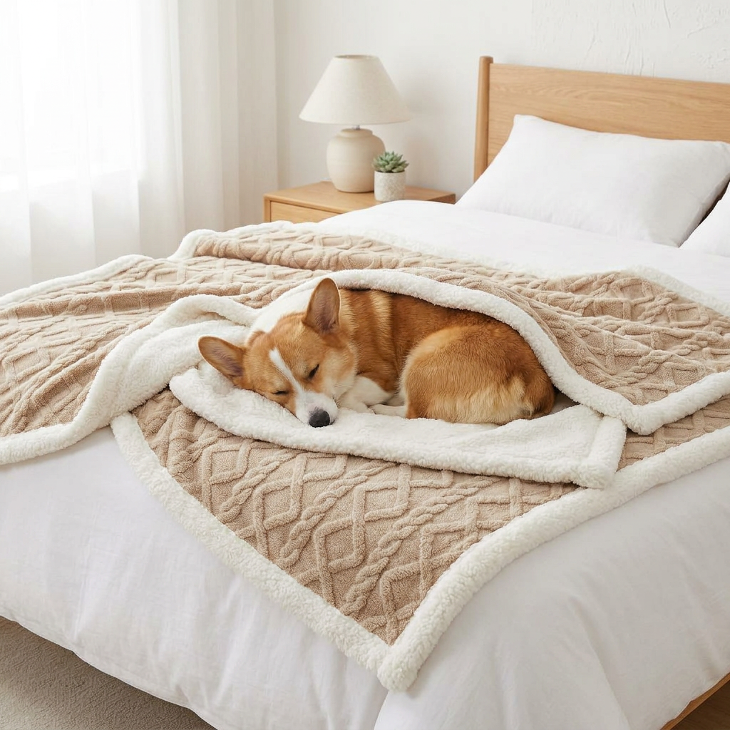 Sunday Reversible Sherpa Throw – latte throw on a bed with a Corgi