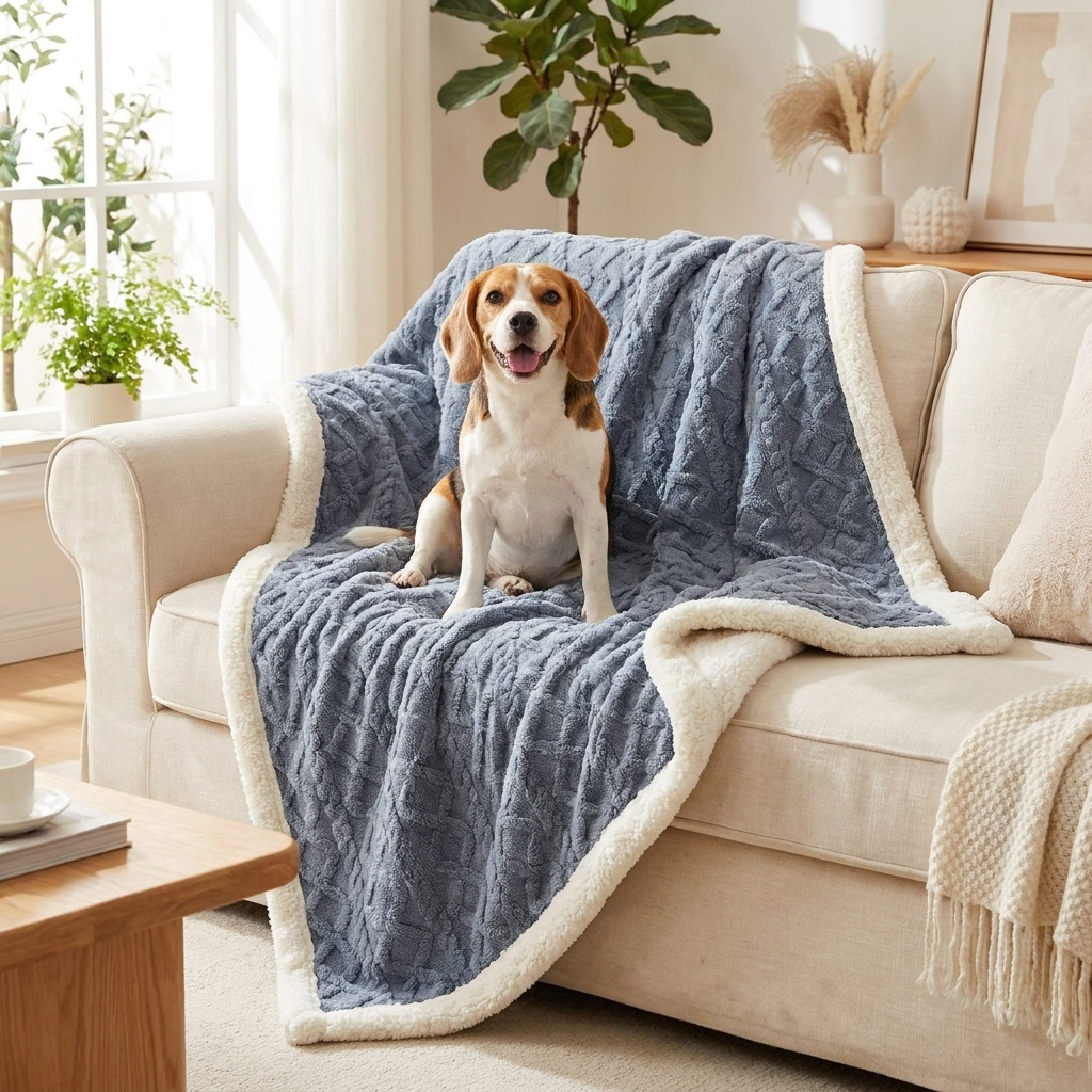 Sunday Reversible Sherpa Throw – blue berry throw on a sofa with a Beagle