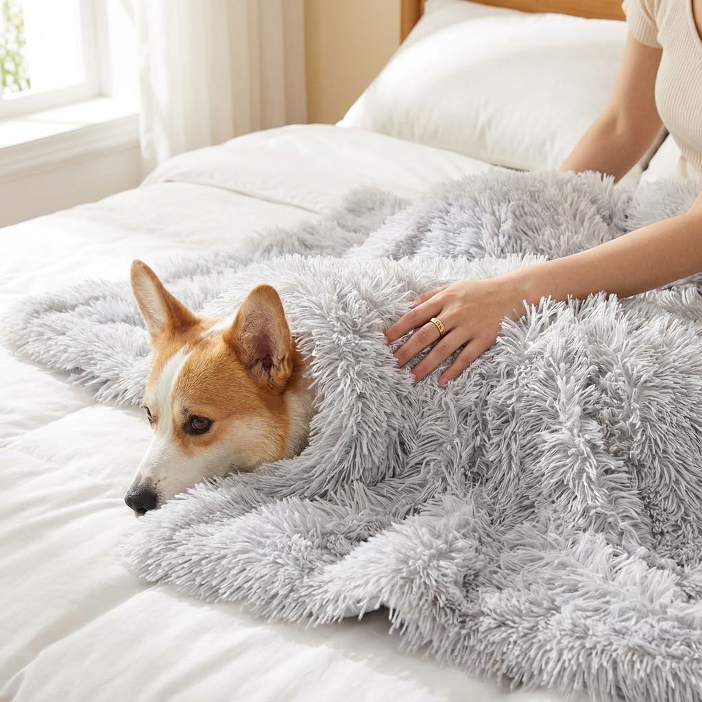 Corgi snuggled under a Puff silver-grey plush dog blanket on a bed