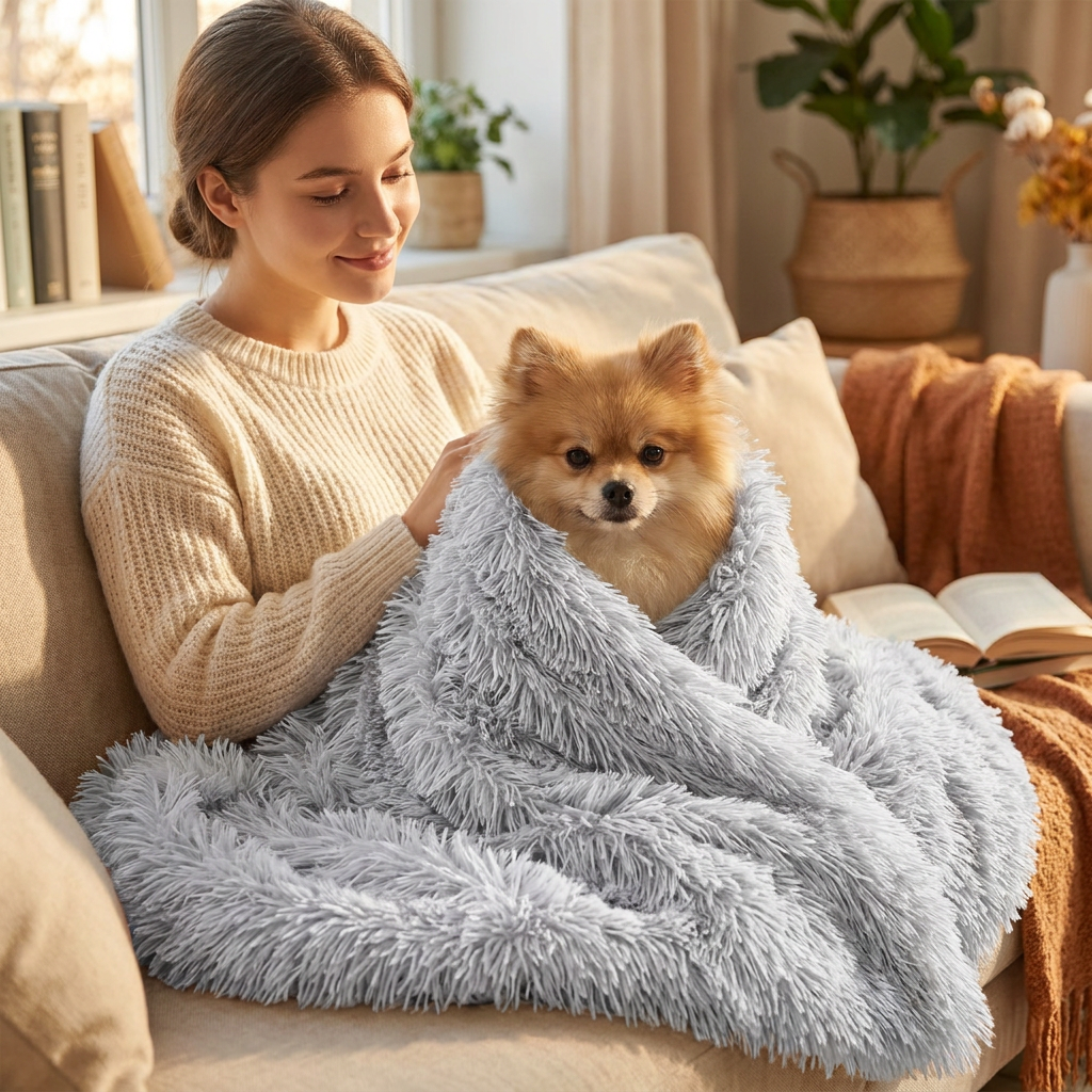 Pomeranian wrapped in a Puff silver-grey plush dog blanket on a woman's lap