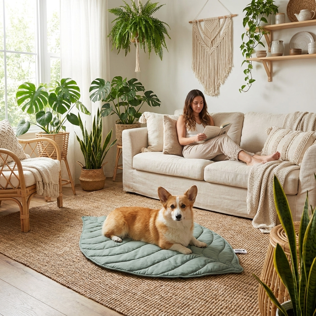 Corgi lounging on a Fern Elm Green leaf-shaped dog mat