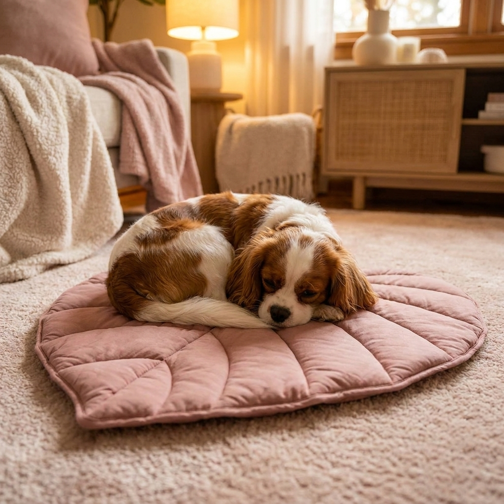 Cavalier on a Fern Anthurium Pink heart-leaf dog mat