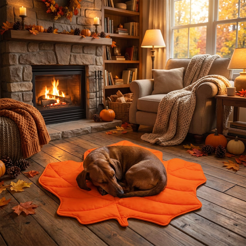 Dachshund curled on a Fern Maple Orange maple-leaf dog mat