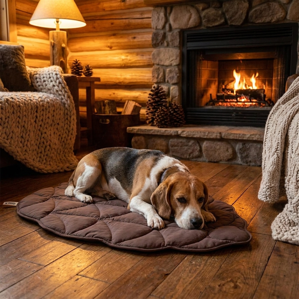 Beagle resting on a Fern Pinecone Brown leaf-shaped dog mat