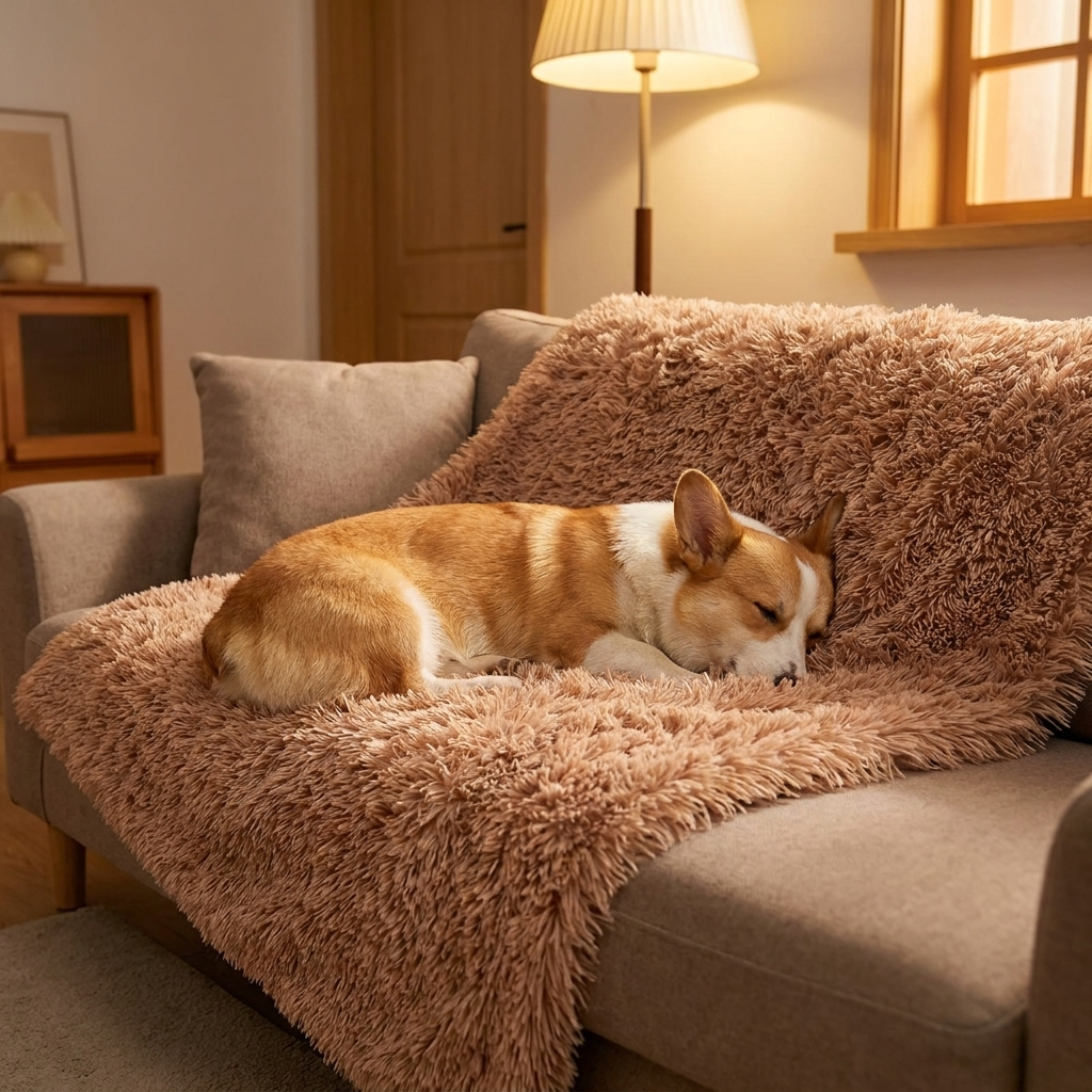 Corgi on a Willow Light Brown calming plush dog blanket