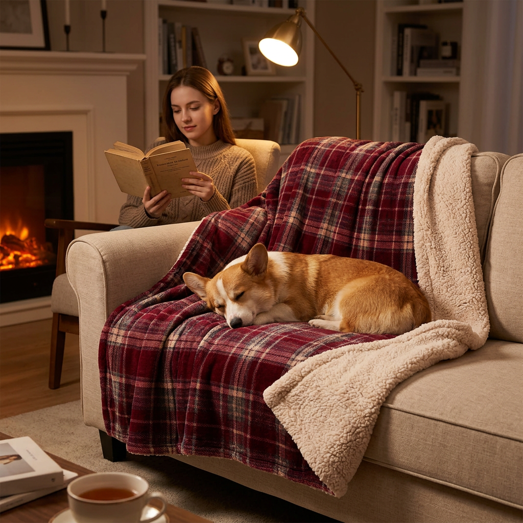 Corgi on a Rowan red plaid sherpa dog blanket with a woman reading