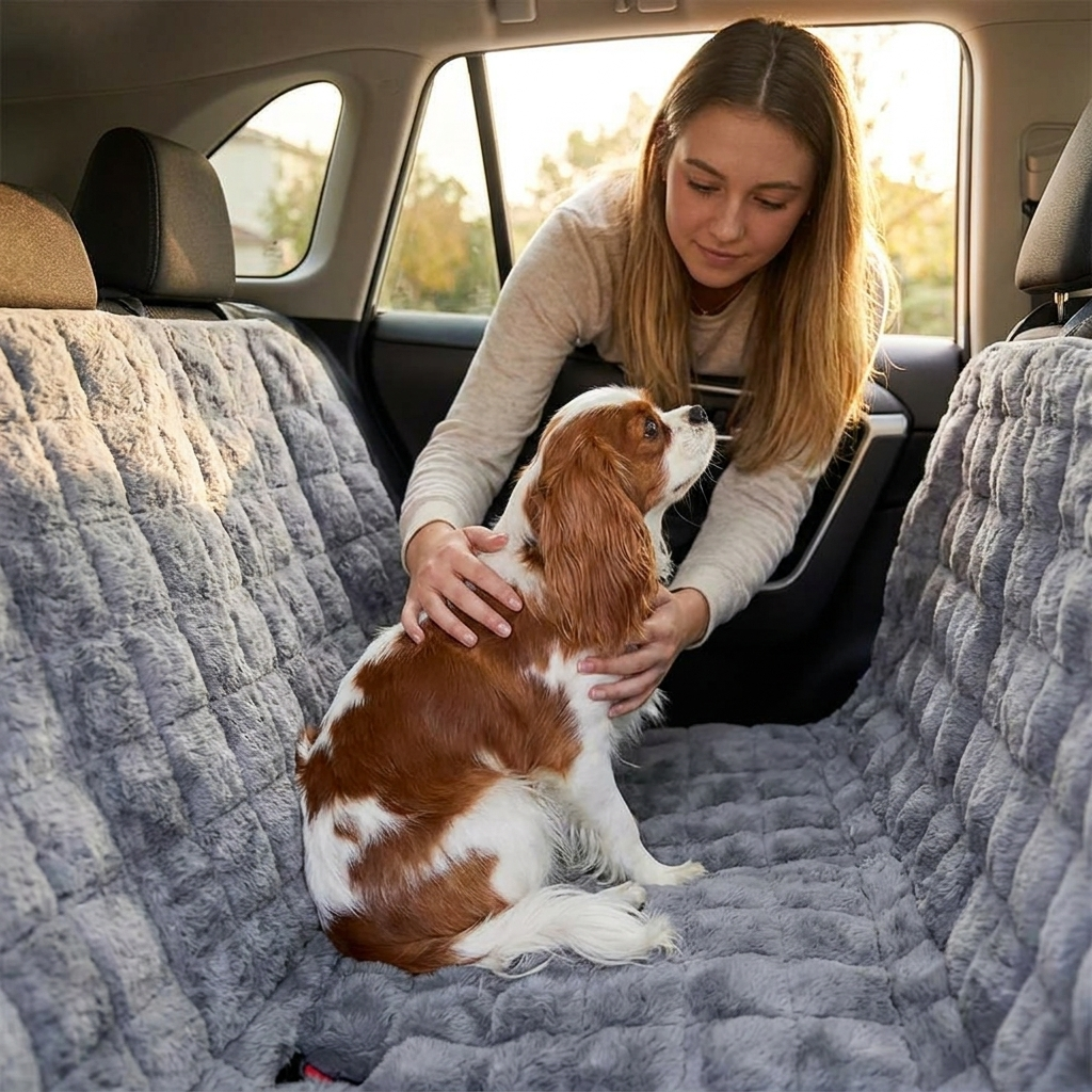 Cavalier on a Roadie grey faux-fur car seat cover with a woman