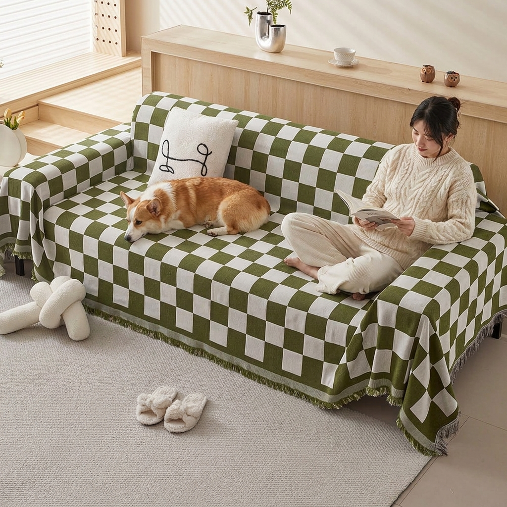 Corgi on a Sloane green checkerboard fringe throw with a woman