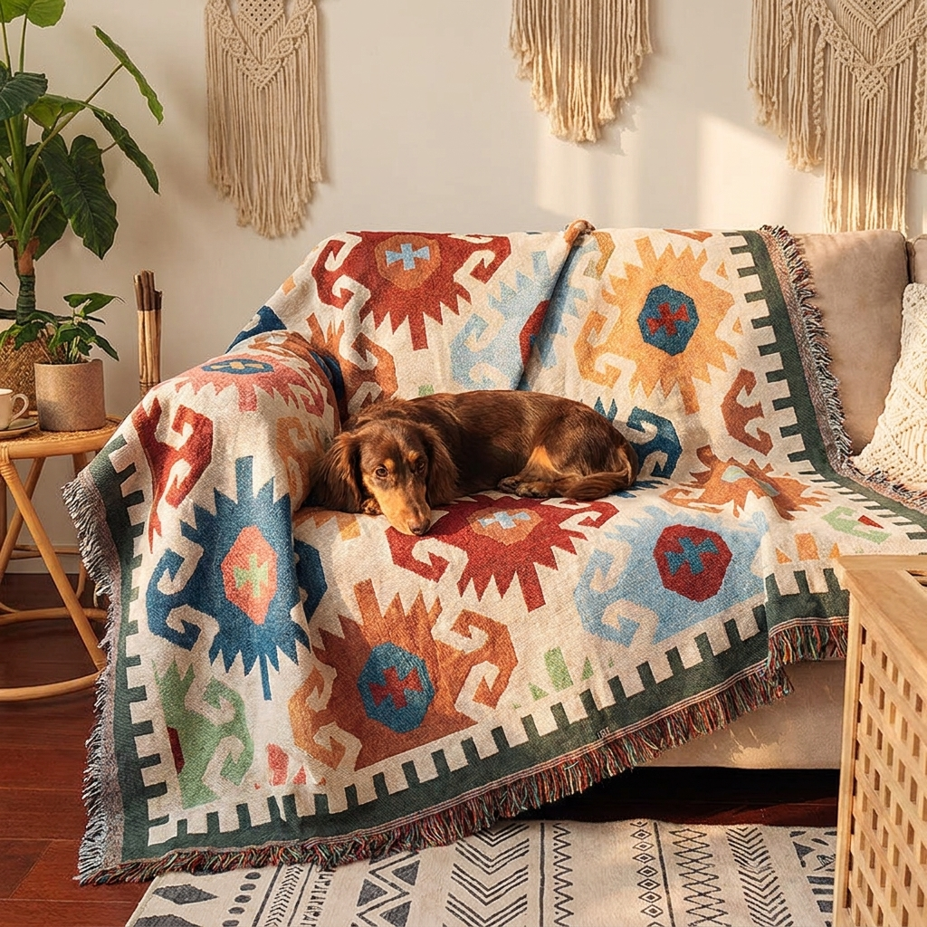 Dachshund on a Sloane geometry aztec fringe throw over a sofa