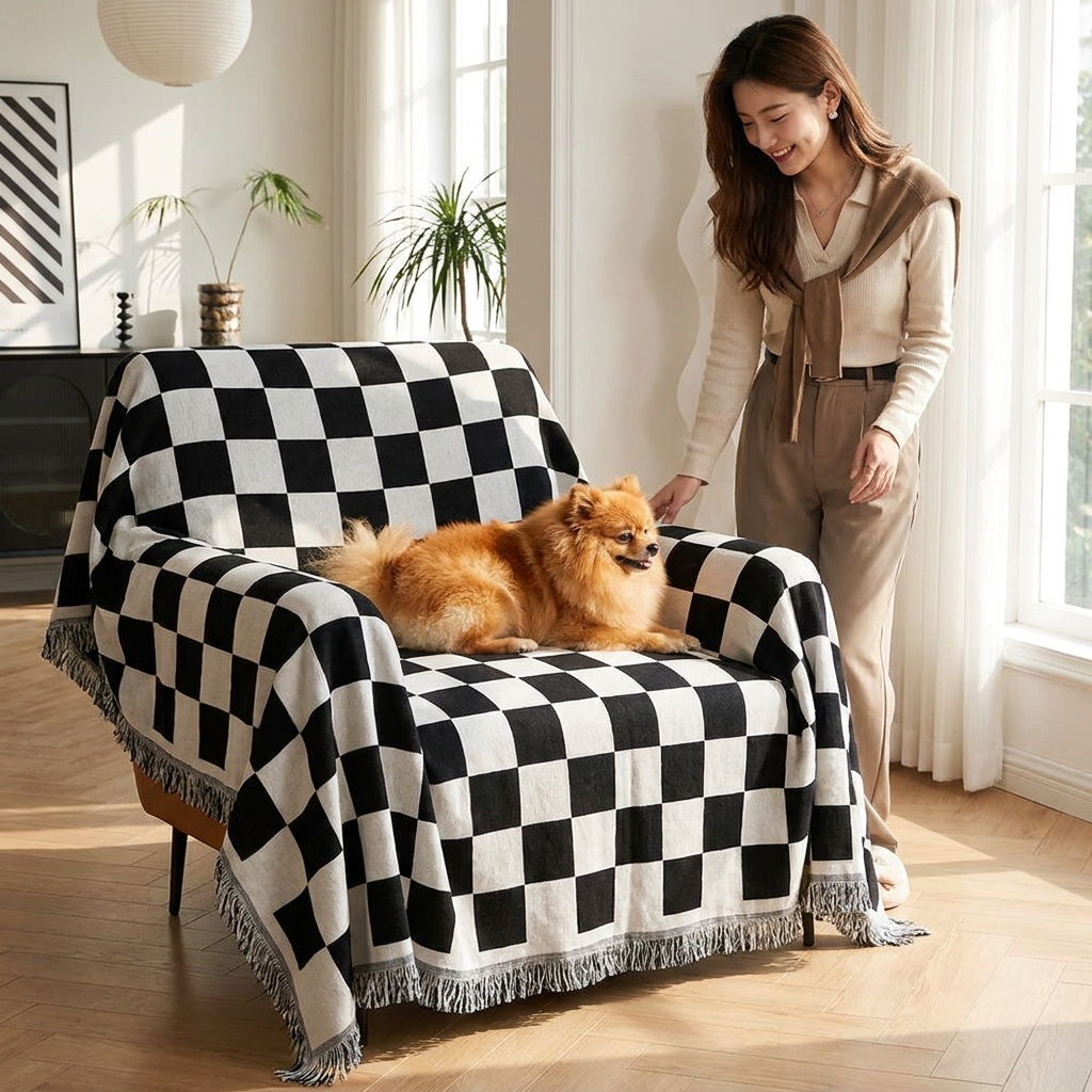 Pomeranian on a Sloane black checkerboard fringe throw over an armchair with a woman