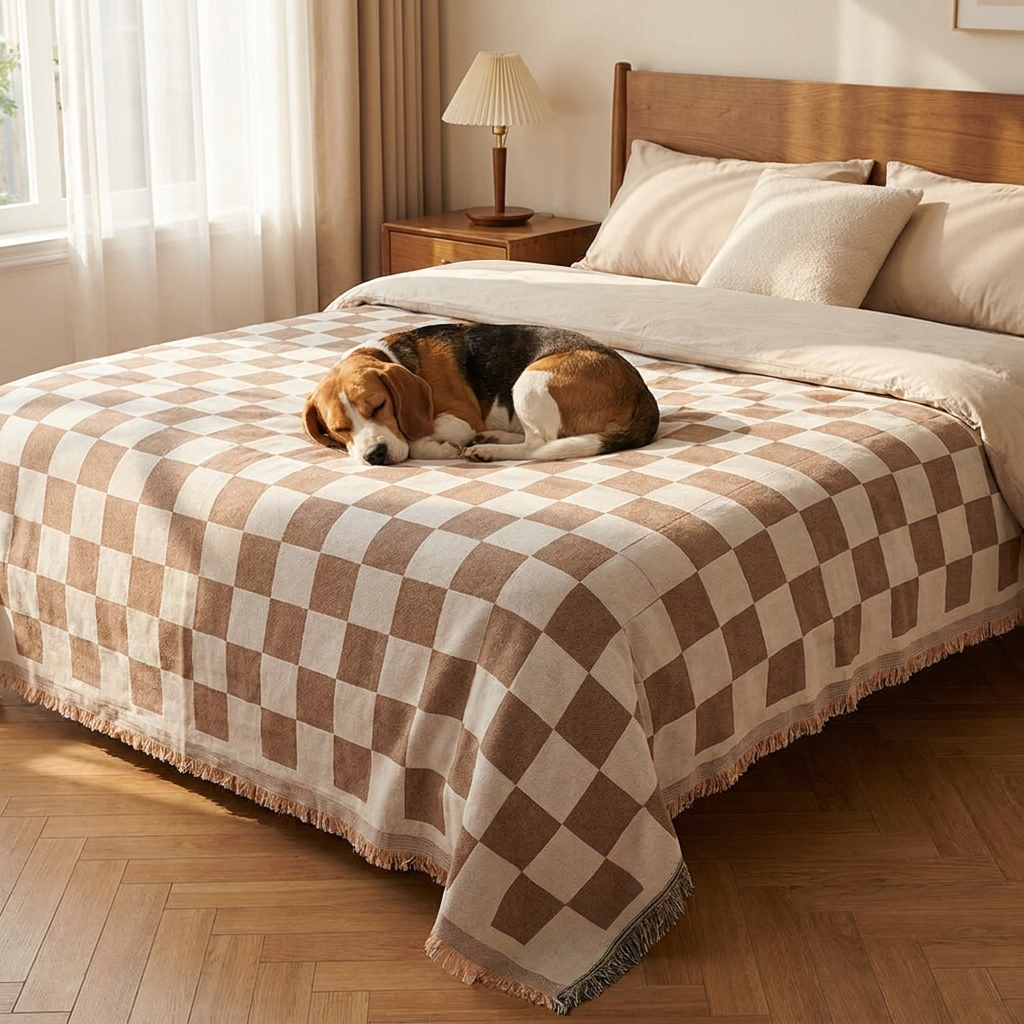 Beagle on a Sloane coffee checkerboard fringe throw over a bed
