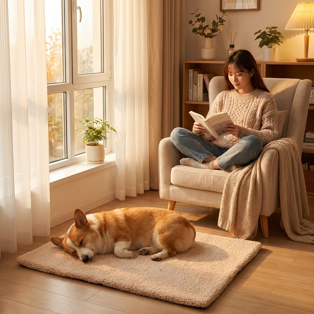 Corgi on a Toffee beige self-warming dog mat with a woman reading