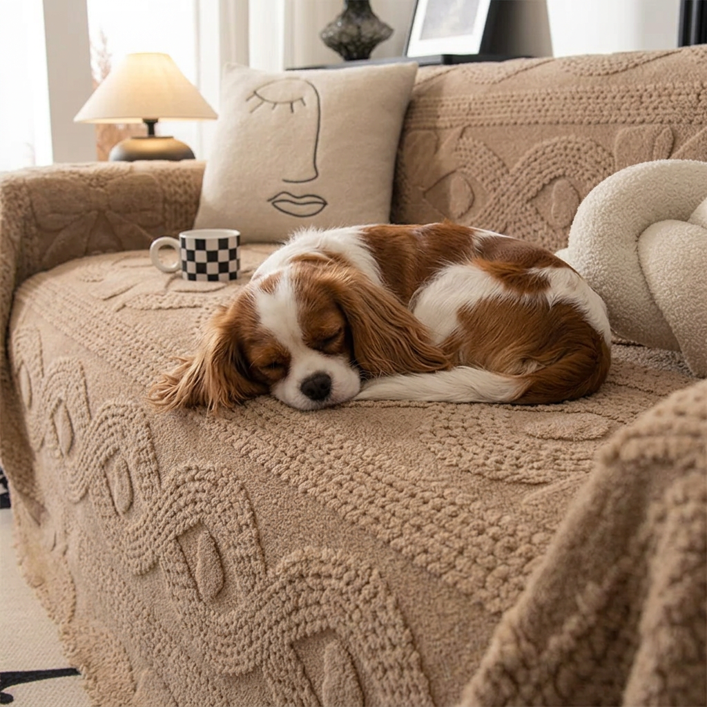 Cavalier on a Harper coffee jacquard plush sofa cover