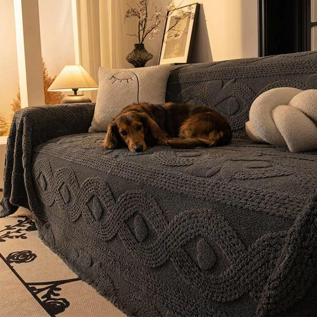 Dachshund on a Harper dark-grey jacquard plush sofa cover
