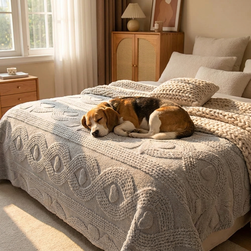 Beagle on a Harper light-grey jacquard plush cover on a bed