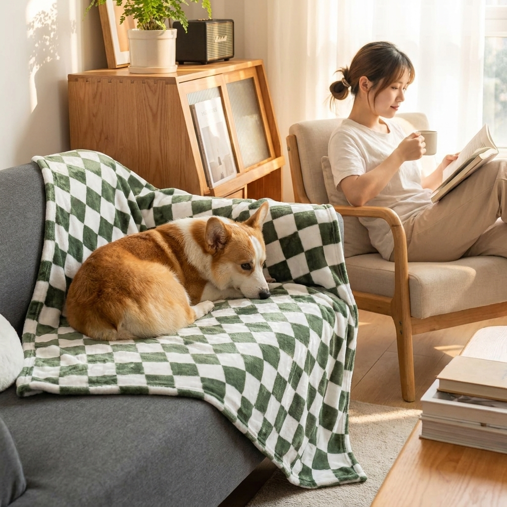 Corgi on a Meadow green chequered flannel dog blanket with a woman