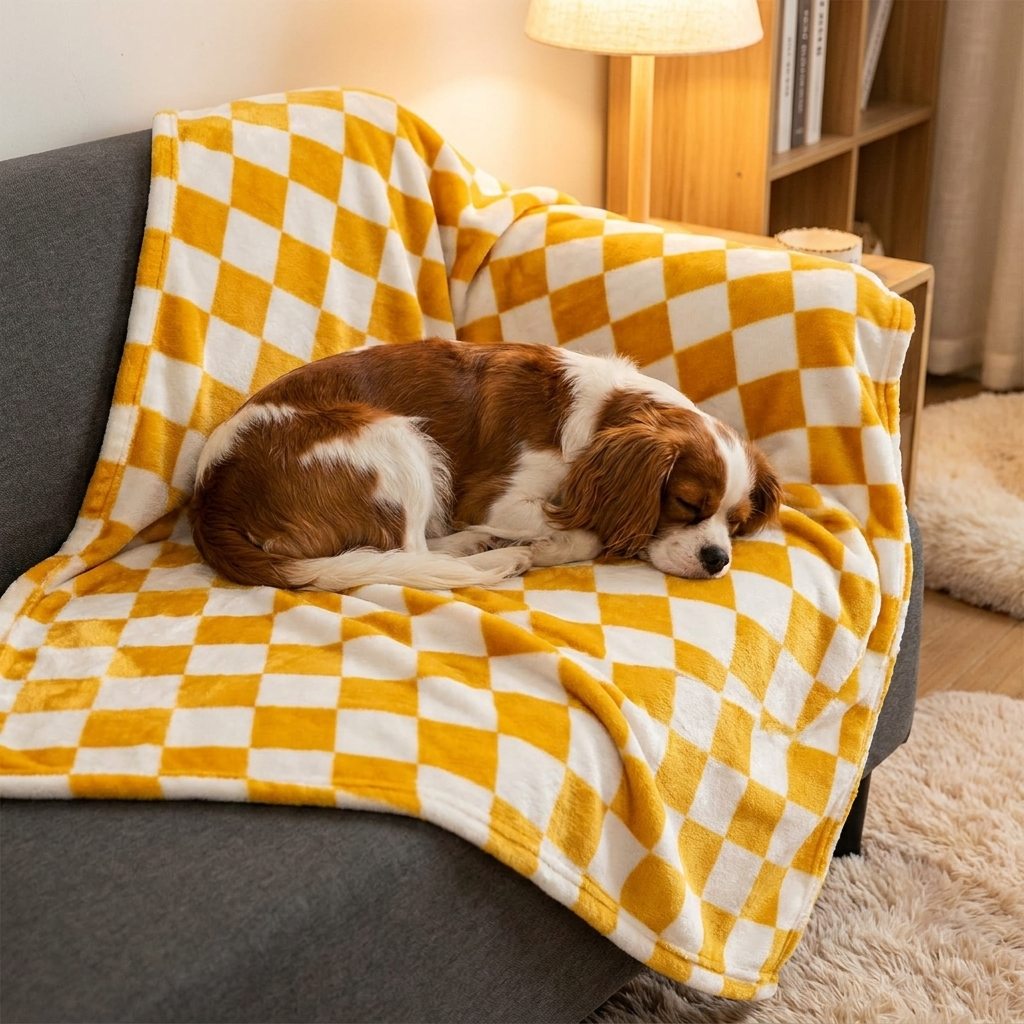 Cavalier on a Meadow yellow chequered flannel dog blanket