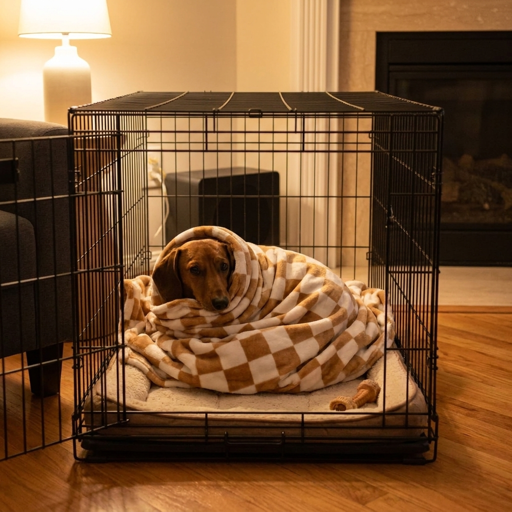 Dachshund in a Meadow khaki chequered flannel dog blanket in a crate