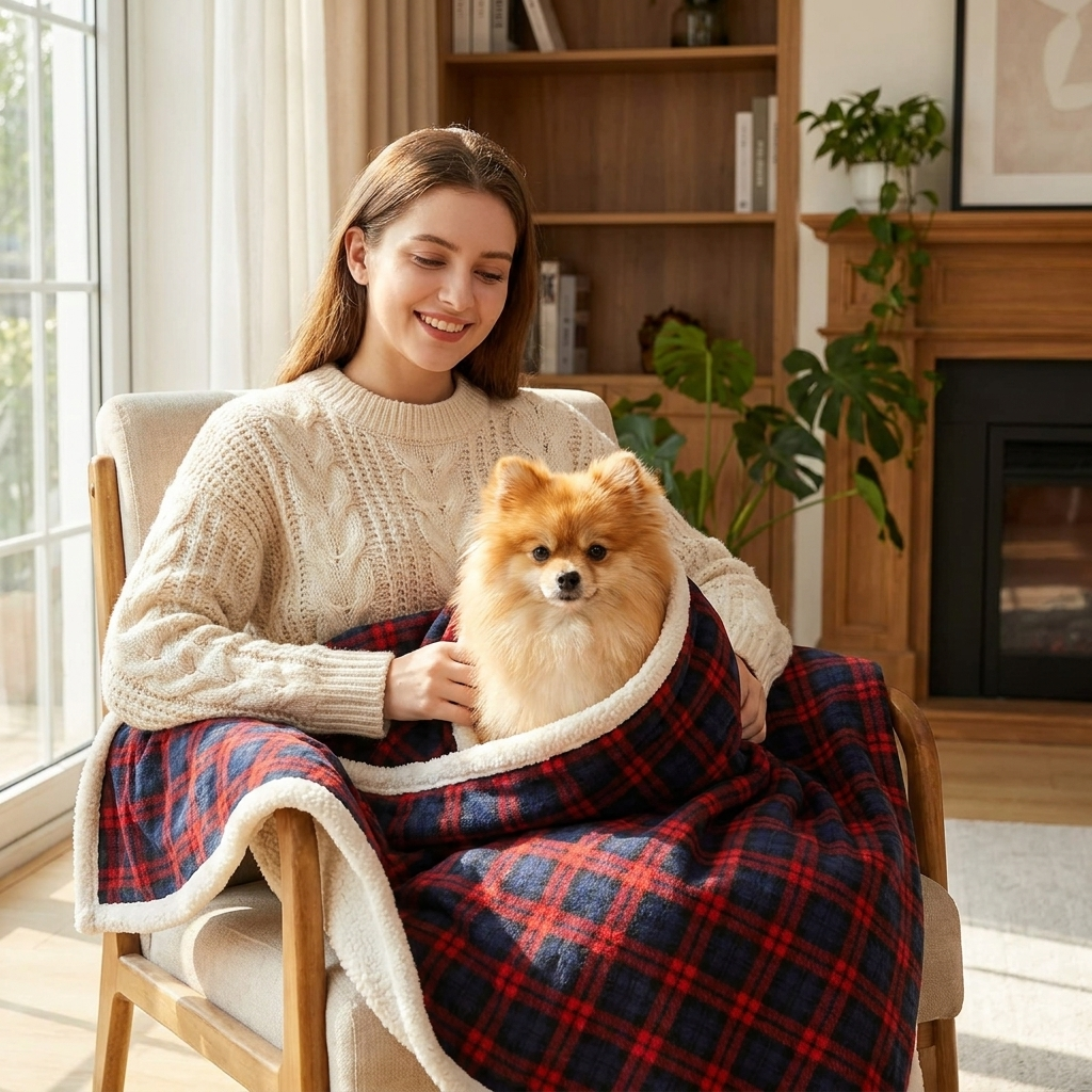 Pomeranian wrapped in an Angus red-blue tartan fleece dog blanket with a woman