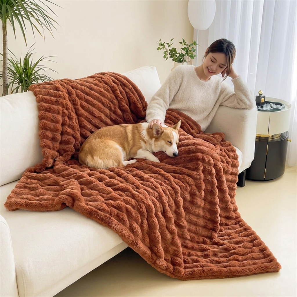 Sable Faux Rabbit Fur Plush Throw — Corgi on caramel throw