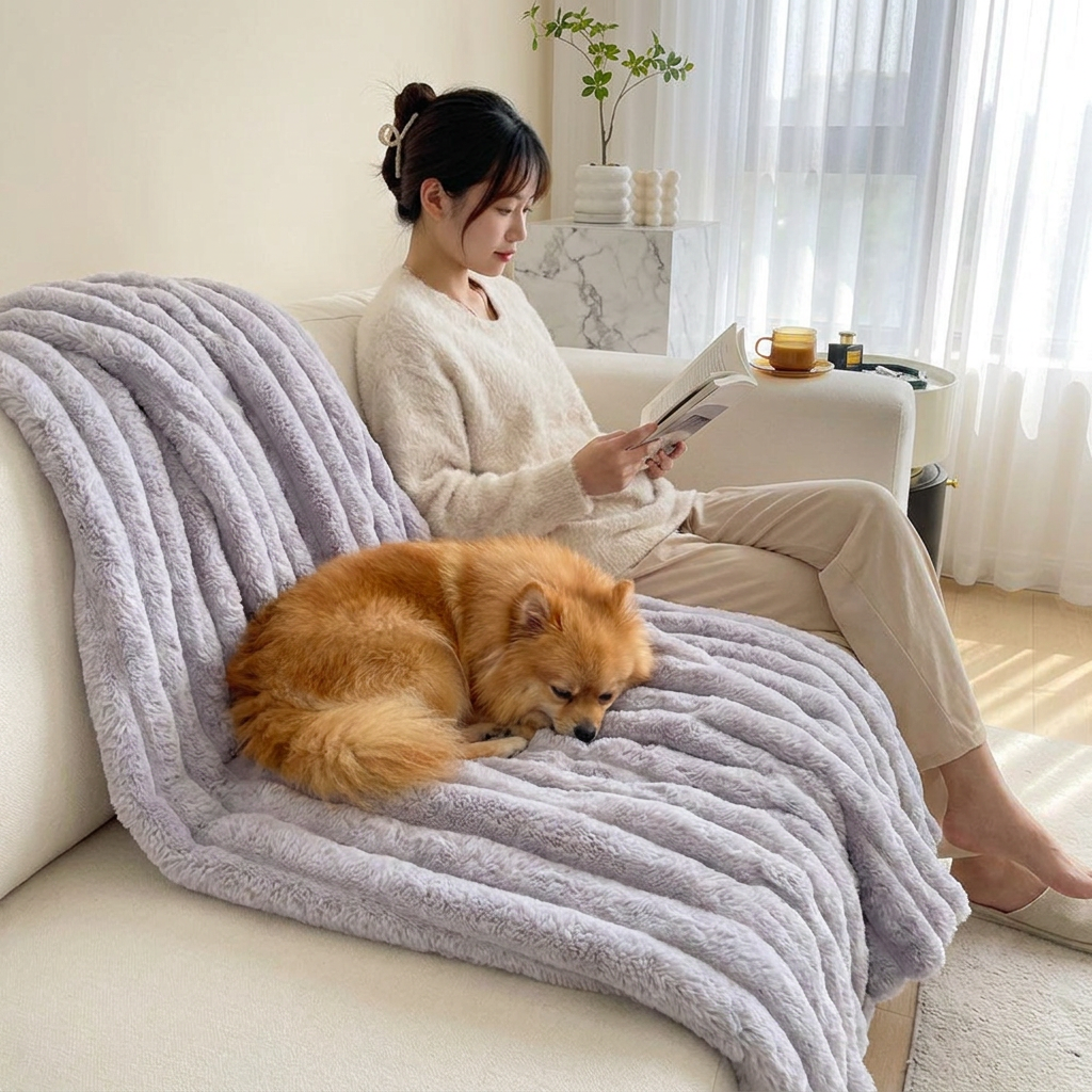 Sable Faux Rabbit Fur Plush Throw — Pomeranian on purple throw