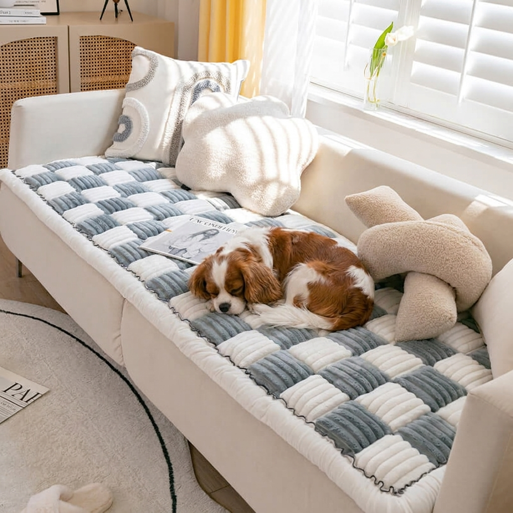 Pebble Checkerboard Plush Dog Blanket — Cavalier on grey checkerboard mat