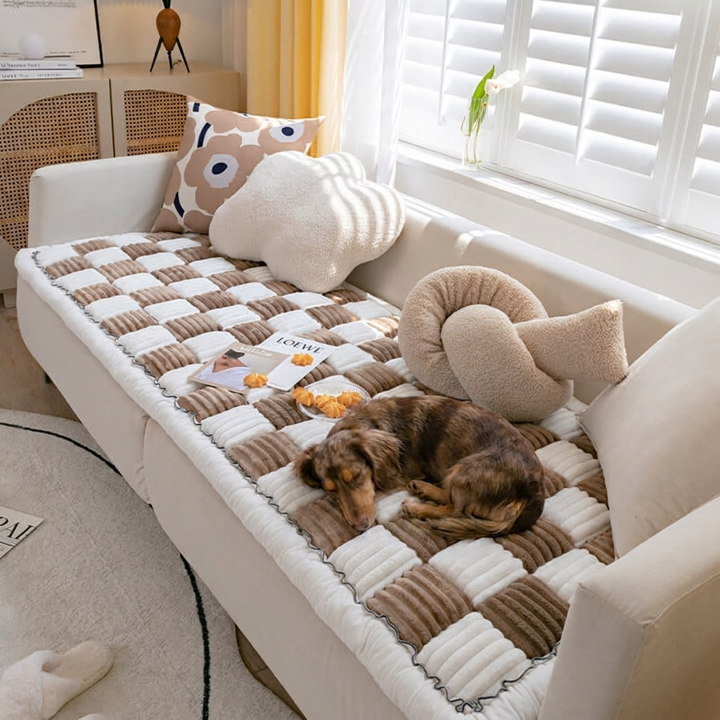 Pebble Checkerboard Plush Dog Blanket — Dachshund on brown checkerboard mat