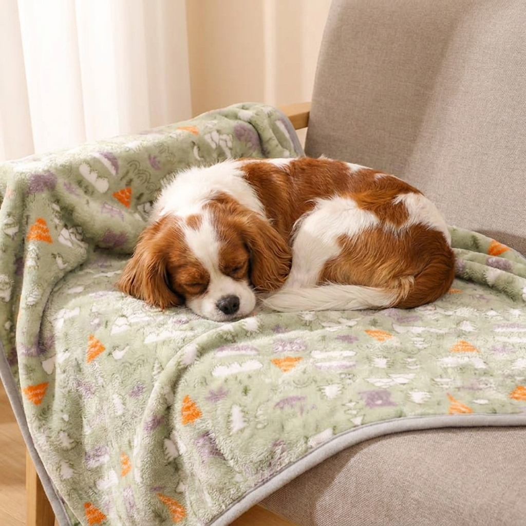Clover Soft Flannel Dog Blanket — Cavalier on green forest blanket
